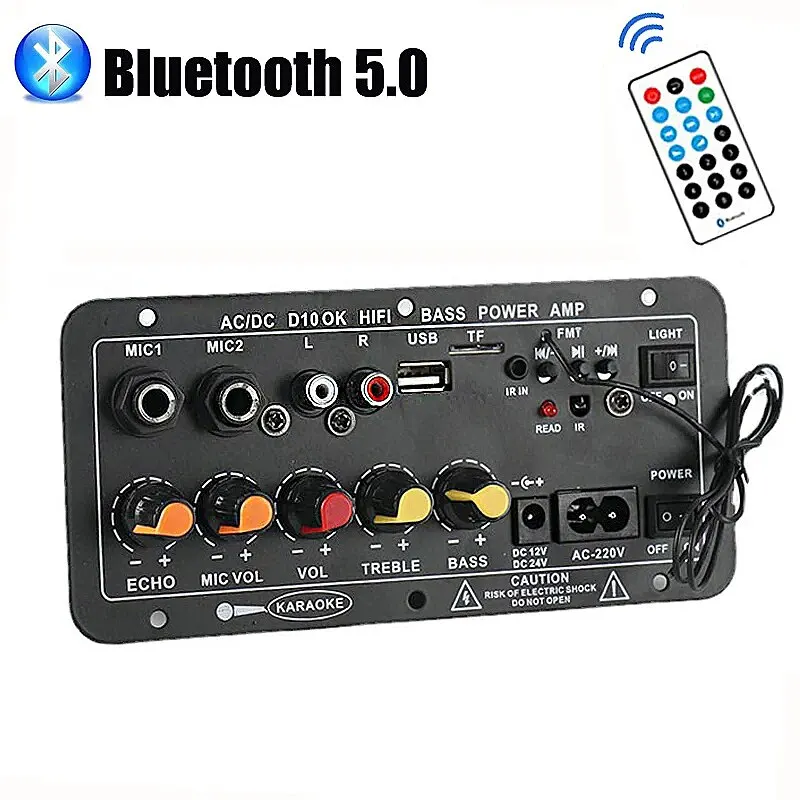 Bluetooth Audio Amplifier 220V 12V Digital Bluetooth Amplifier Board Subwoofer Dual Microphone Karaoke Amp Speaker Home Theater DIY Rechargable Version