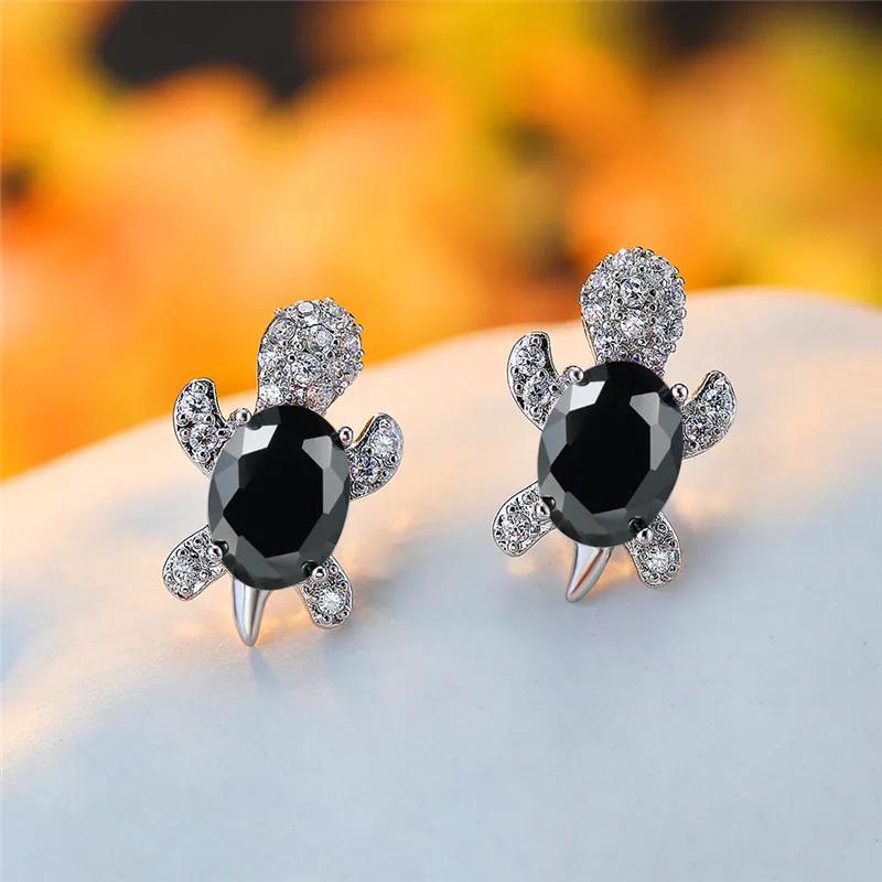 Female Rainbow Small Oval Turtle Crystal Stone Earring Classic Silver Color Wedding Jewelry For Women
