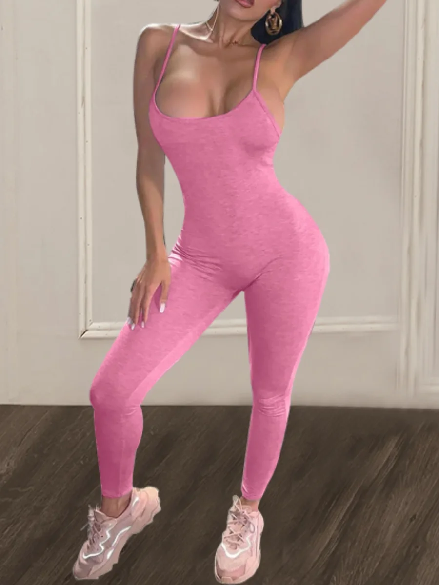 Mono ajustado con tirantes finos y escote en U, sin mangas, liso, ajustado, elástico, sencillo, mono largo para mujer.