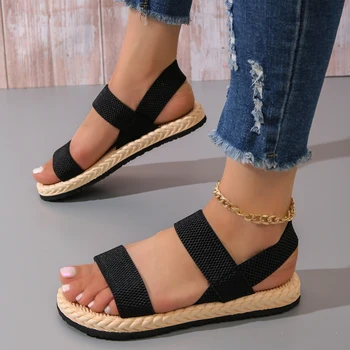 Ladies' double lace up flat sandals, holiday outdoor flat shoes, imitation grass woven linen Roman sandals 1