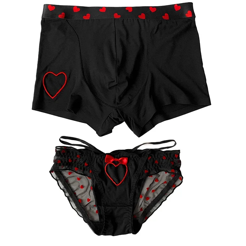 Lovers Fun Lingerie Sexy Couple Underwear Set Heart Lace Panties for Lover Modal Underpants Couple Men Shorts Women Briefs New