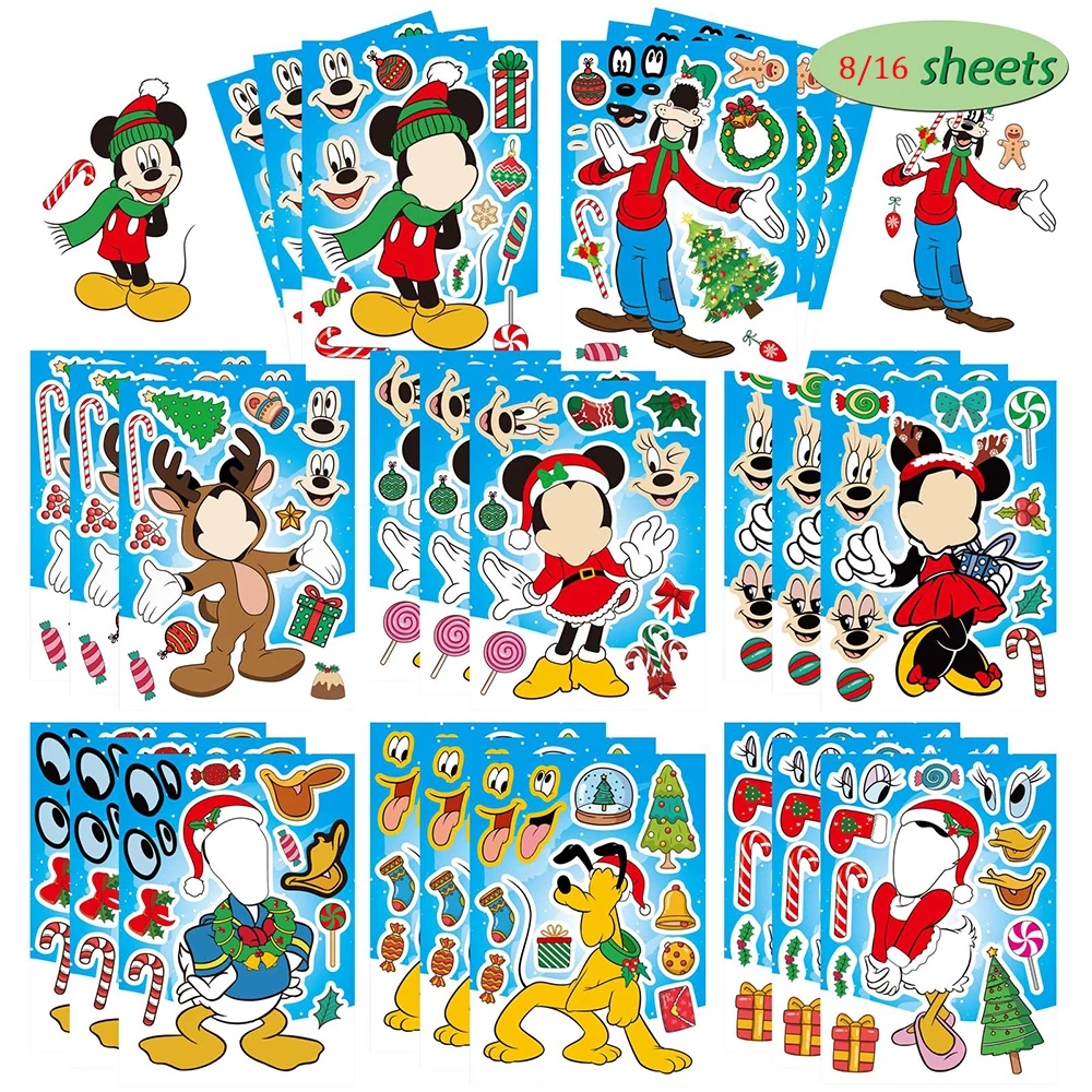 8/16Sheets Disney Mickey Mouse Make a Face Puzzle Stickers DIY Girls Kids Assemble Jigsaw Toys Children Funny Game Party Gift