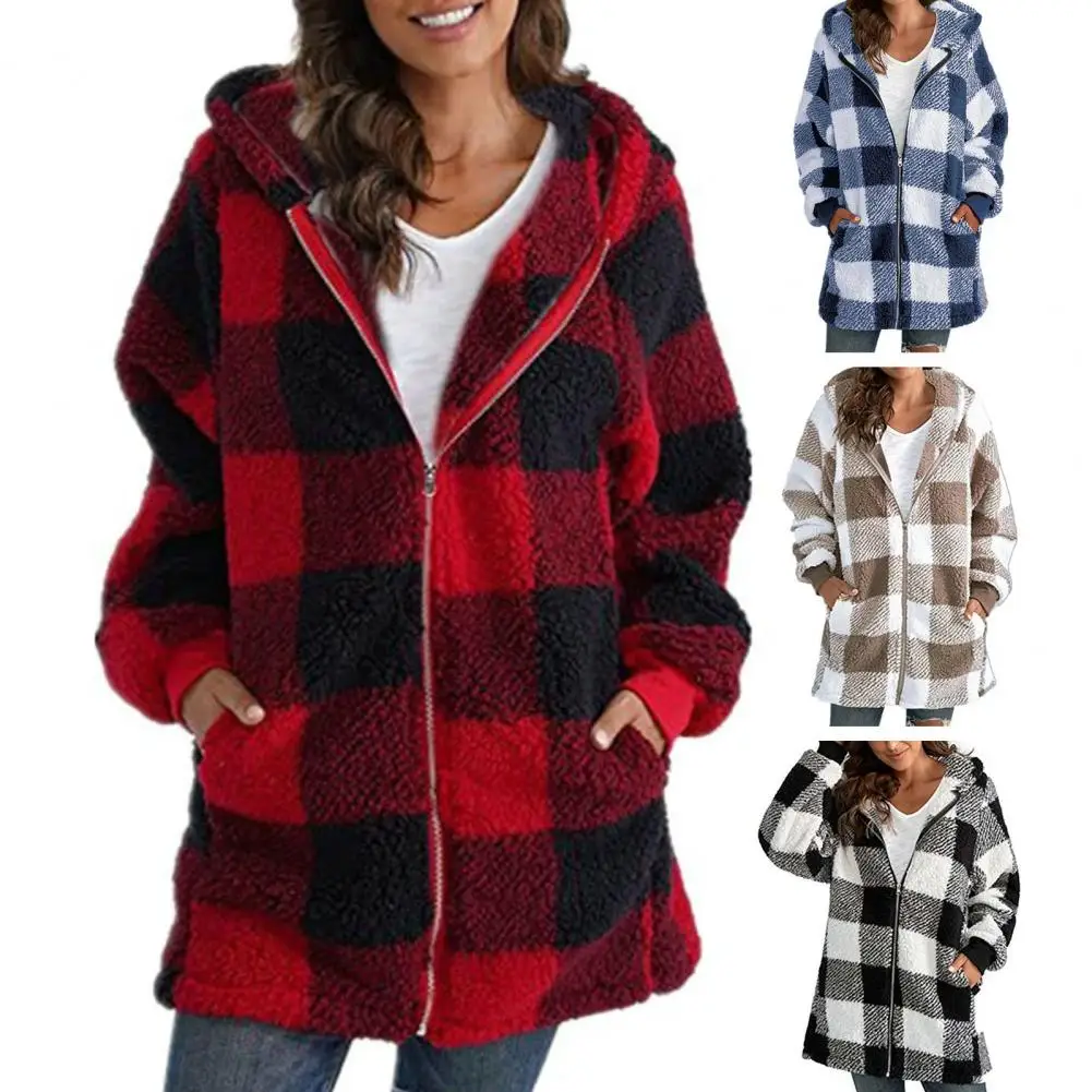 

Plaid Pattern Women Coat Plush Hooded Furry Jacket with Zipper Placket Pockets for Women Autumn Winter Long Sleeve Mid-length