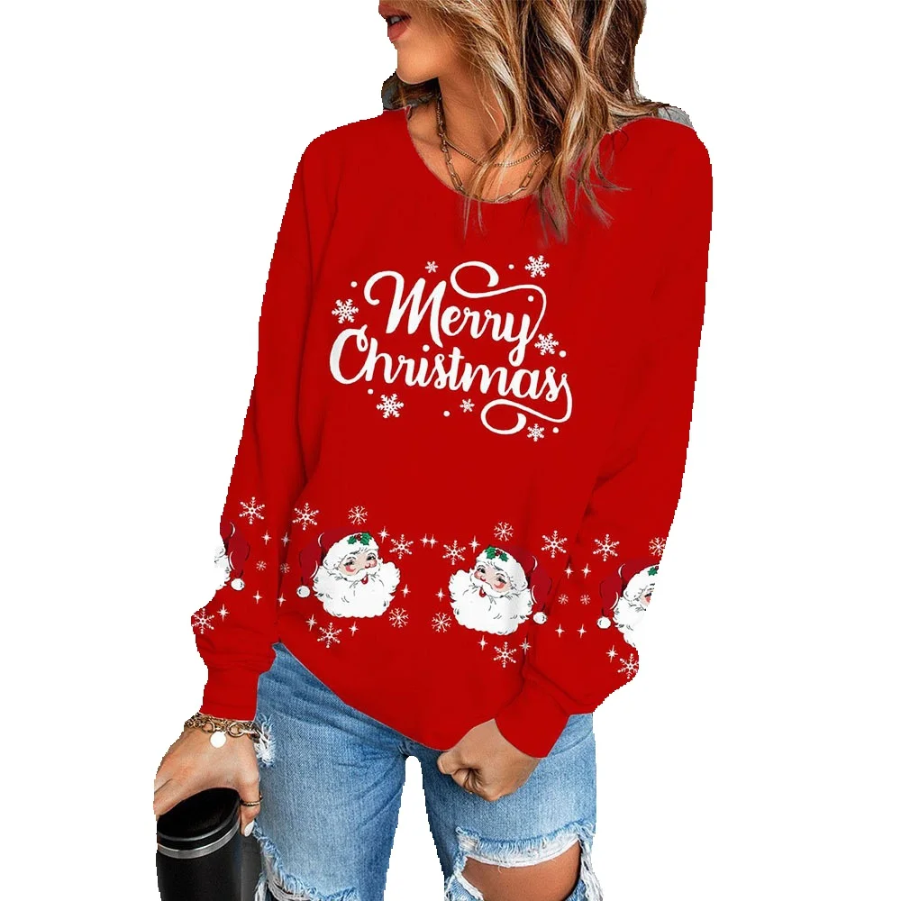 

Shi Ying Autumn And Winter Red Santa Claus Long Sleeved Top Women's Round Neck Pullover 25118618