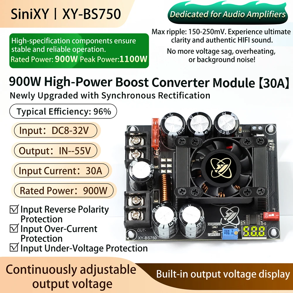 새로운 고출력 부스트 컨버터 모듈 900/1500W 조정 가능한 저리플 스텝업 DC 전원 공급 장치(팬 포함 오디오 전용)