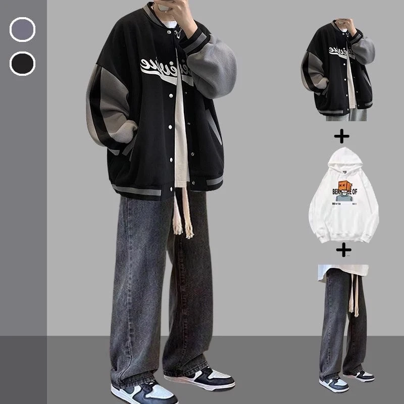 가을 겨울 야구 점퍼와 청바지 남성 캐주얼 3종 세트 트렌디 브랜드 인싸 스타일 재킷 학생 멋진 나인 패치 팬츠