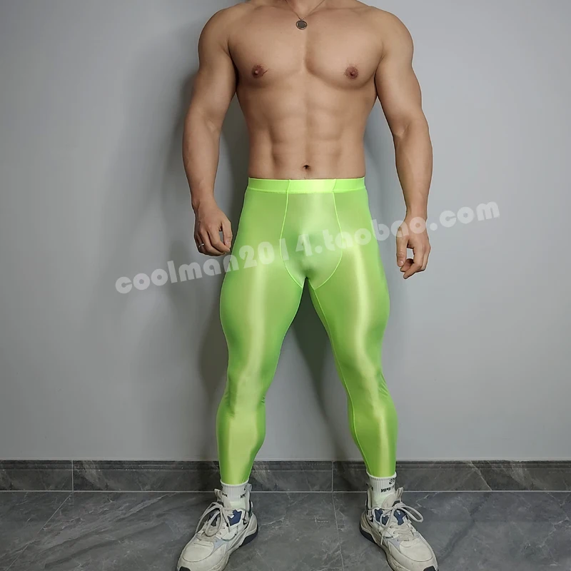 Glossy See Through Satin Men's Sexy Tight Yoga Leggings Sports Underwears Seamless Pants Trousers