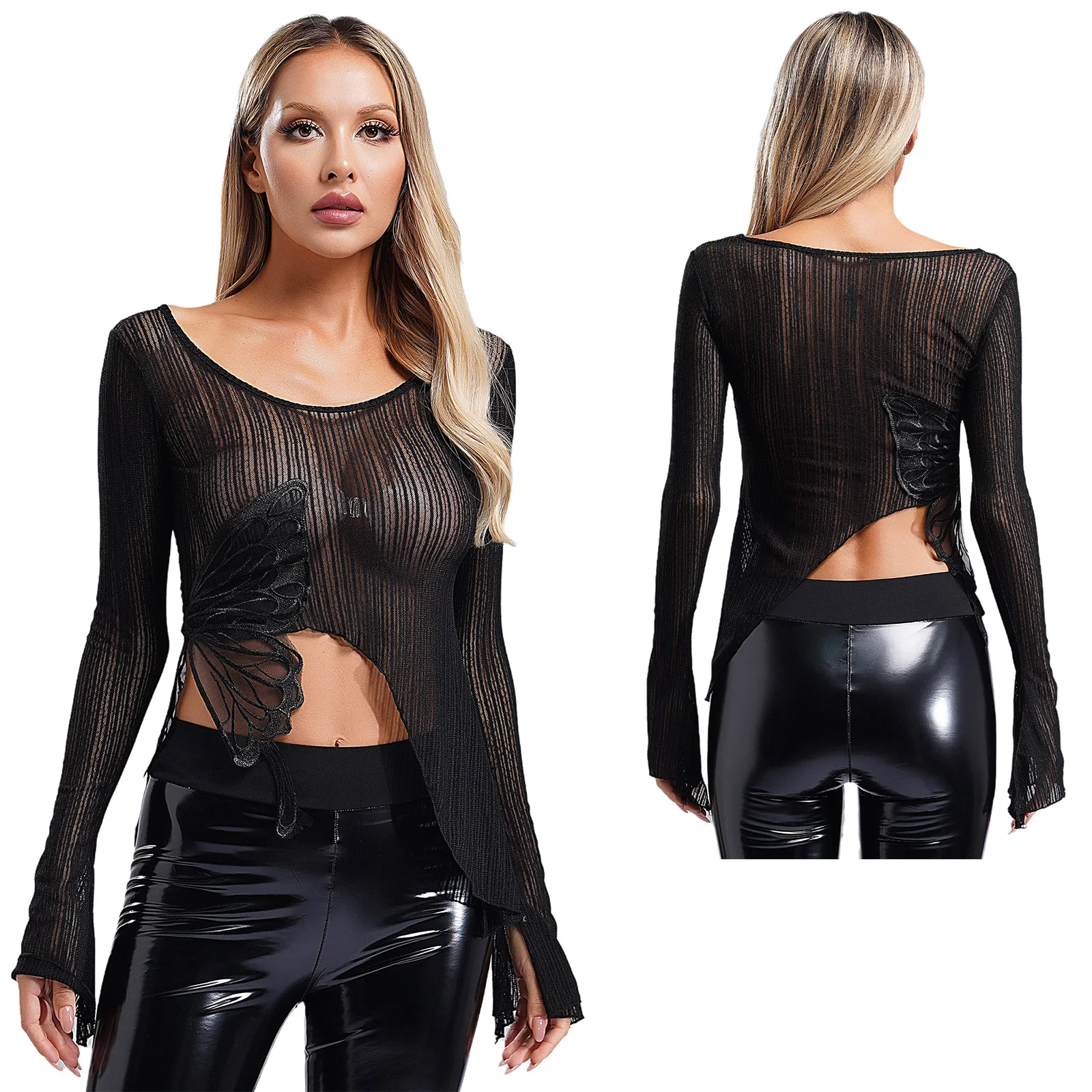thumbnail image 1 of Top de baile de Jazz y Ballet con mariposas para mujer, camiseta con cuello redondo y manga acampanada, camiseta de malla acanalada dividida, traje de práctica de baile clásico, 1 of 5