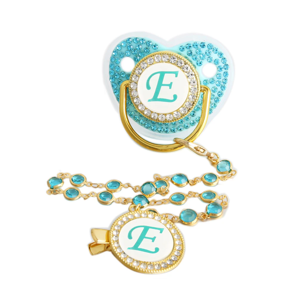Bling Baby-Schnuller mit Anfangsbuchstaben und grünem Gold-Edelstein-Diamant-Kettenclip – Detail 5