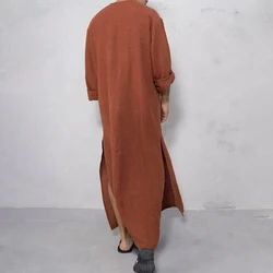 Men V-Neck Linen Robe Roll Up Short Sleeve Solid Long Night Gown Casual Loose Shirt Kaftan Thobe with Pocket