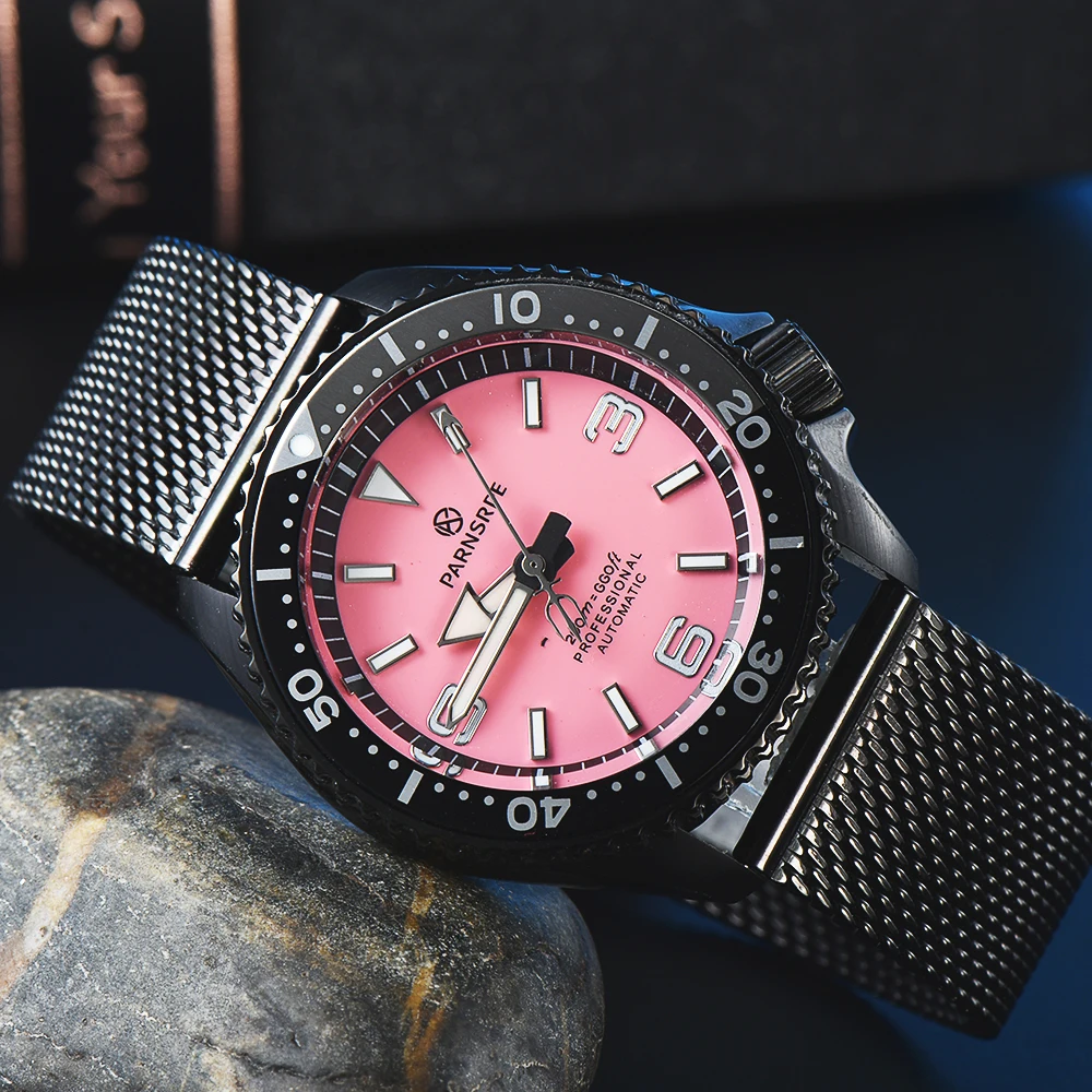 

NH35 автоматические механические часы с розовым циферблатом, светящиеся Роскошные зеркальные часы из нержавеющей стали с сапфировым стеклом, модные часы