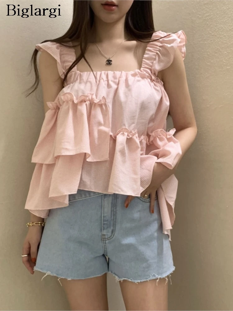 

Блузка женская клетчатая без рукавов, модная Милая плиссированная Укороченная рубашка в стиле пэчворк, с оборками, в Корейском стиле, на лето