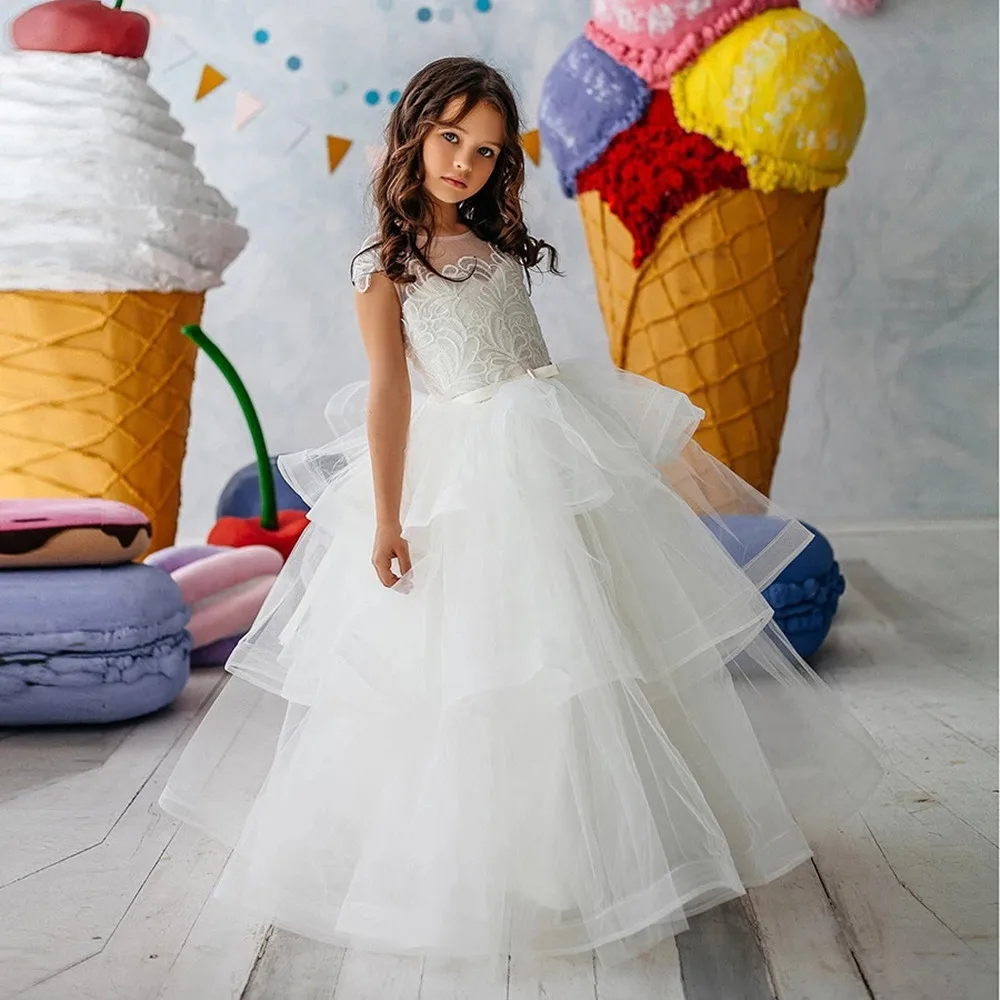 

Custom Ball Gown Flower Girl Dresses For Wedding Floor Length Toddler Pageant Gowns Tiered Kids Birthday Communion Celebration