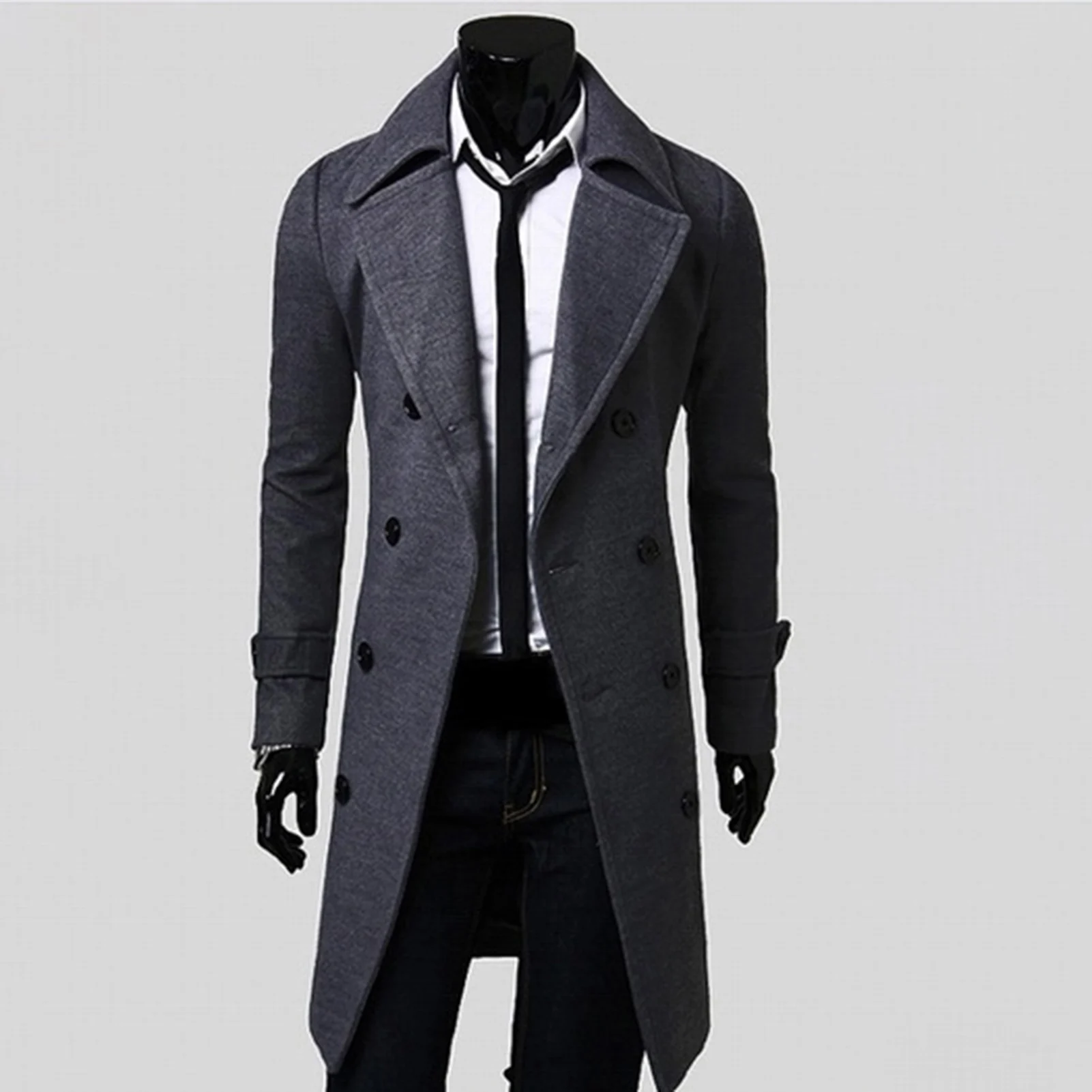 Autumn Winter Long Trench Coat Double-breasted Solid Color Mid-Length Windproof Thick British Slim Jacket gabardina hombre images - 6