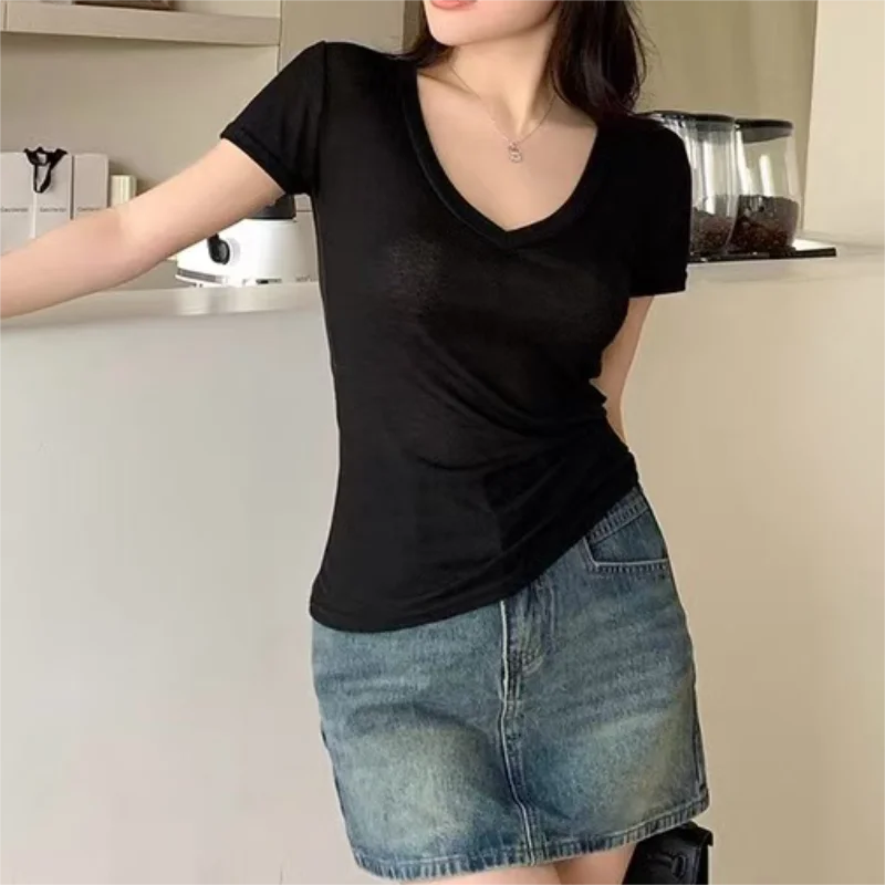 Women Short Sleeves T Shirt See Through Summer Solid Slim Casual Shirts Female Pullovers Basic Tee Y2k Clothes Streetwear Top 6