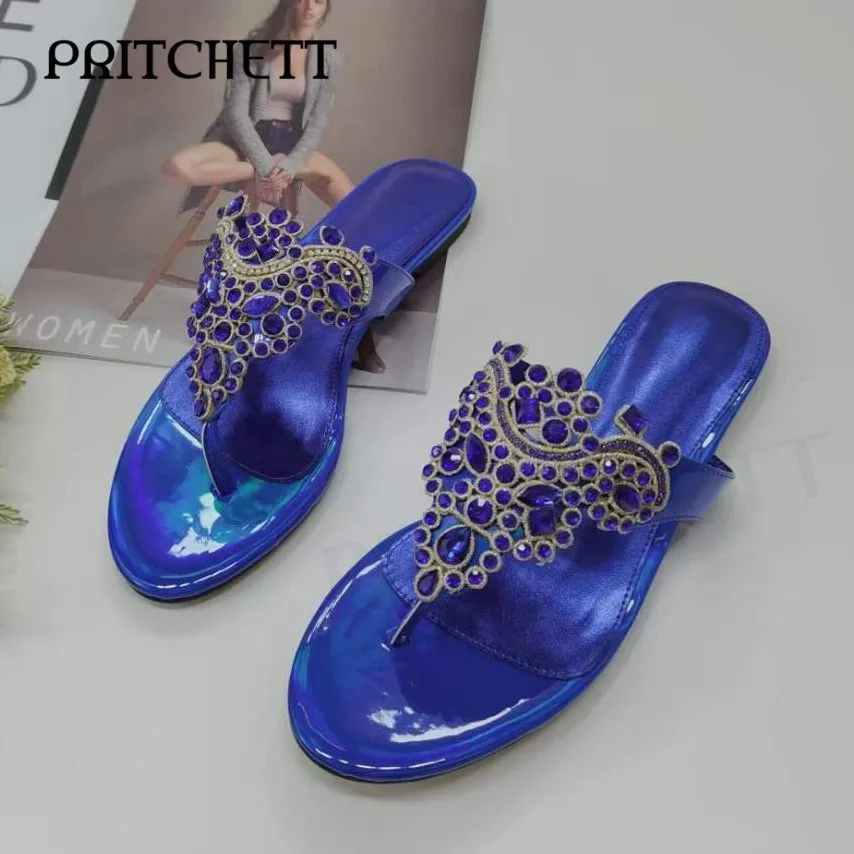 

Blue Gem Rhinestone Thong Slippers Round Toe Flat Heel Multi-Color Casual Sandals Large Size Beach Vacation Fashion Women's Shoe