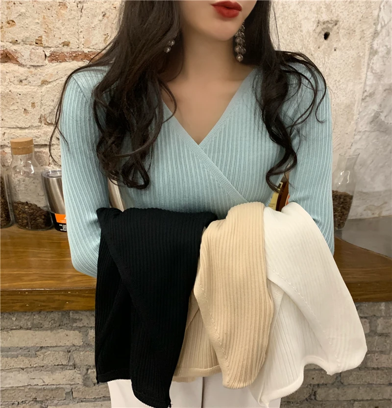 red cardigan 2021 New Sexy Deep V Neck Sweater Women's Pullover Casual Slim Bottoming Sweaters Female Elastic Cotton Long Sleeve Tops Femme ladies cardigans