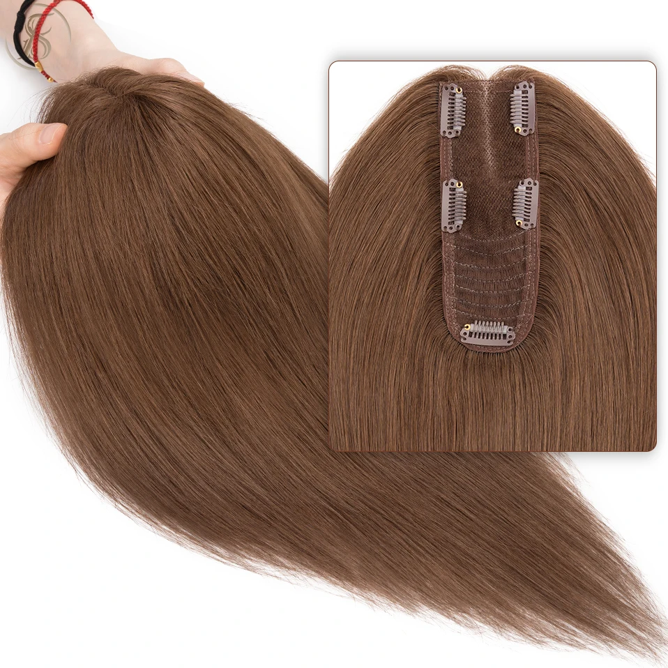 TESS Haaraufsätze, 5,1 x 15,2 cm, Damen-Topper, Hand, einzelner Knoten, braun, Naturhaar-Perücken, Clip-in-Echthaarverlängerungen, Spitzen-Haarteil – Detail 3
