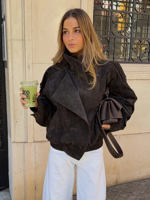 2026 Spring New Green Suede Bomber Jacket For Women Vintage Stand Collar Zipper Long Sleeve Coats Lady Street Chic Outerwear 2