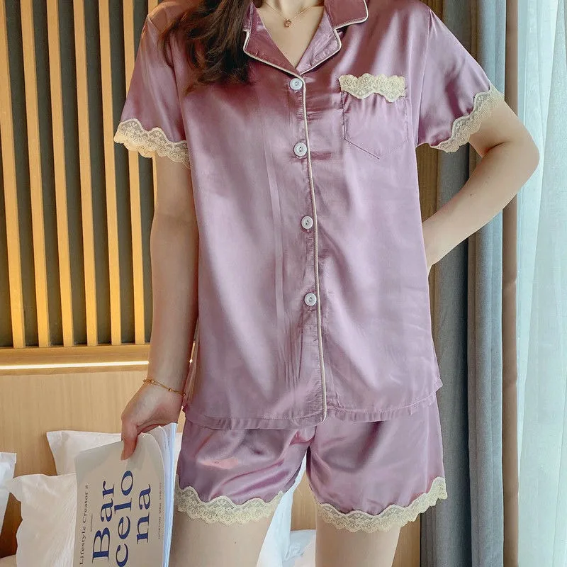 Ice Silk Pajamas Set Women's Summer Thin Short Sleeves Loungewear Latest Online Celebrity Cardigan Home Service Two-piece Suit