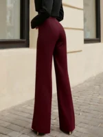 Women's Solid Black Casual Elegant Straight-Leg Pants Back to School Asymmetrical V-Shaped Waistline Accentuates Curves