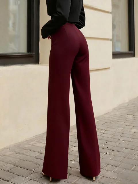 Women's Solid Black Casual Elegant Straight-Leg Pants Back to School Asymmetrical V-Shaped Waistline Accentuates Curves