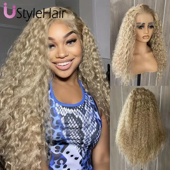 UStyleHair Light Blonde Curly Wig Synthetic Lace Front Wigs for Women Natural Hairline Daily Use Cosplay Wig Deep Curly