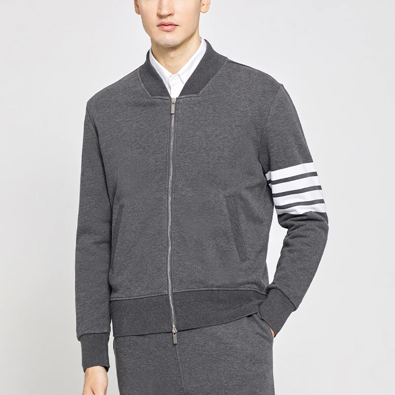 

TB THOM Men's Zipper Jacket Korean Sports V-Neck Long sleeve 4-Bar Striped Sweatshirts Fashion Casual Cotton Top with Pockets