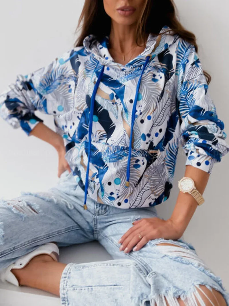 FashionPrinted Loose Bat Sleeve Long Sleeve Ladies Straight Casual Loose Hooded Sweater Pullover Sweatshirt Harajuku Korean Top