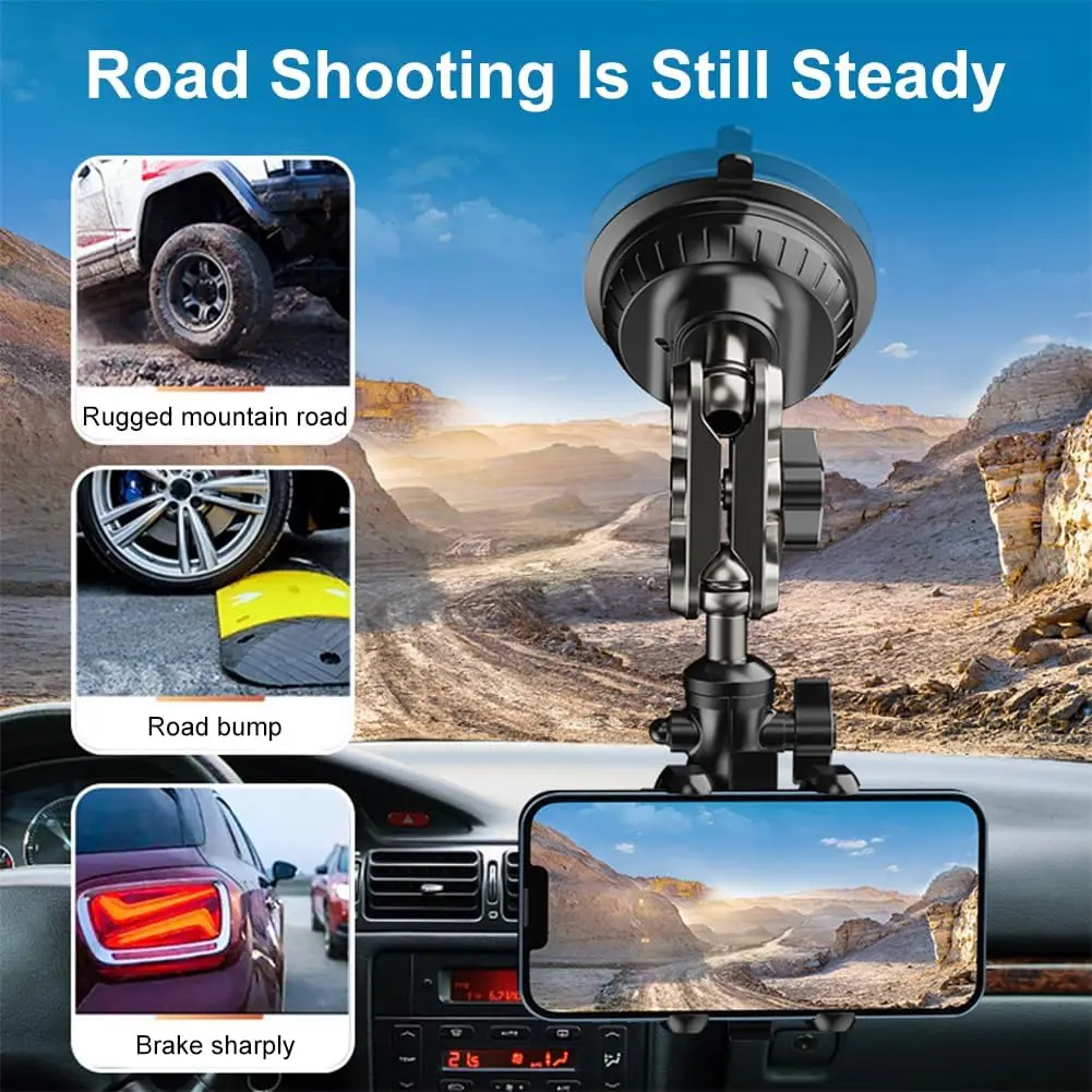 Enhanced Car Video Mount with 360° Rotating Arm and Strong Suction for Windshield/Dashboard - Anti-Shock Design for Seamless Live Streaming