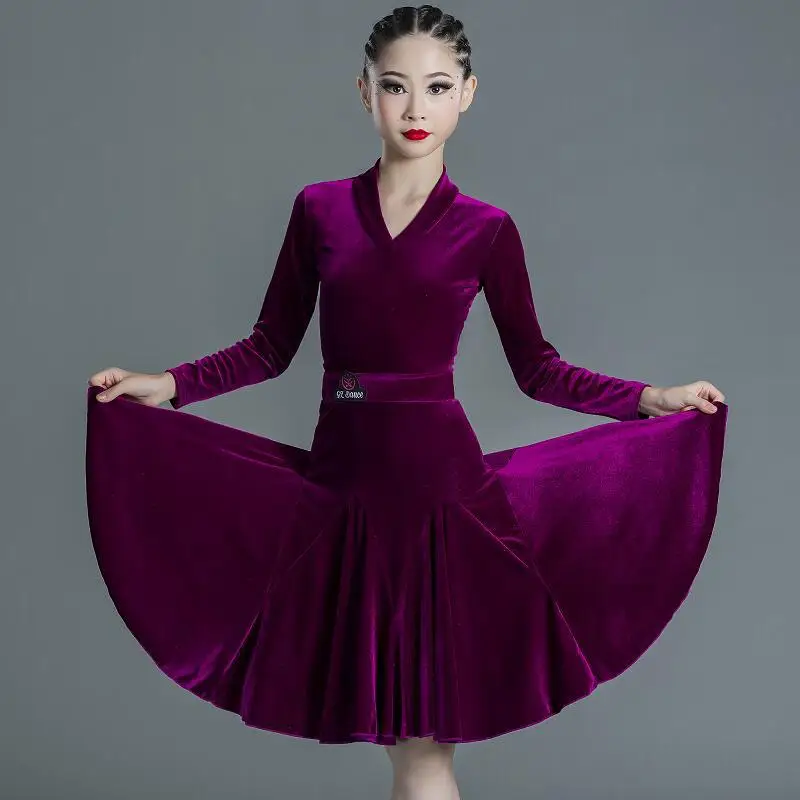 Children's Latin Dance Costume for Professional Competition Girls' Large Swing Dress with Fishbones Latin Training Performance