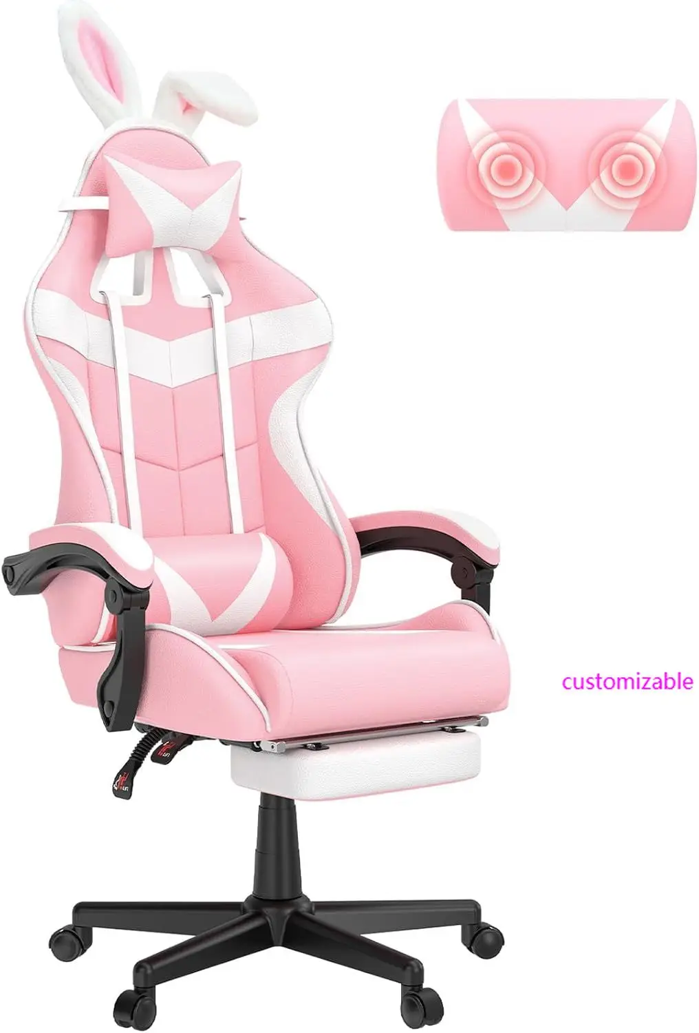 Pink Gaming Chair with Footrest, Bunny Ears, Ergonomic Design, Adjustable for Girls Women