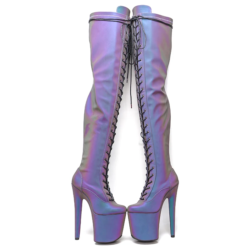 Leecabe  20CM/8Inch Night light Holographic Reflective Platform  party High Heels Shoes Pole Dancing boot