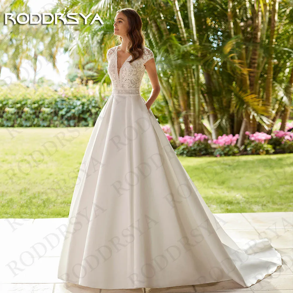 

RODDRSYA изысканные атласные свадебные платья 2024 трапециевидные платья для принцесс с рукавами-крылышками кружевные с V-образным вырезом иллюзионное платье для невесты Изысканные атласные свадебные платья 2024 A Line