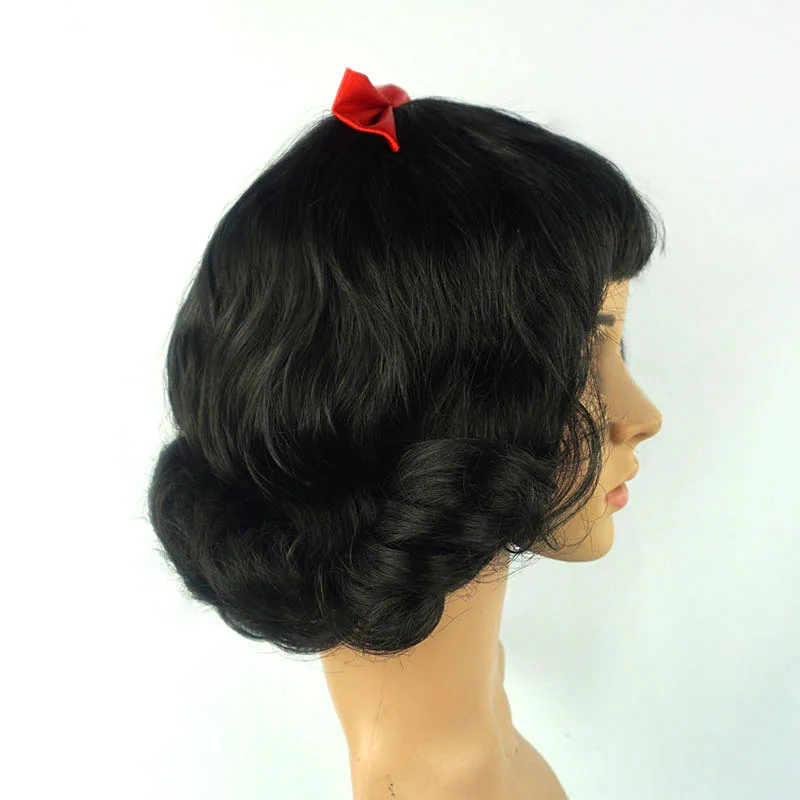 Cosplay Accessories Hair Accessories Cute Girls Snow White Dress Up Wig Girls Princess Cosplay Short Hair Black Curly Hair Wig with Red Bow Kids Role Play Props