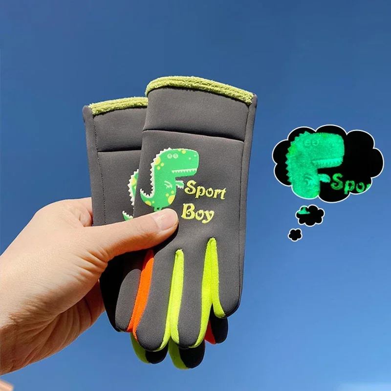 Winter Gloves Children's Cartoon Dinosaur Fluorescence Cycling Warm Sports Skiing Windproof Waterproof Boys Girls