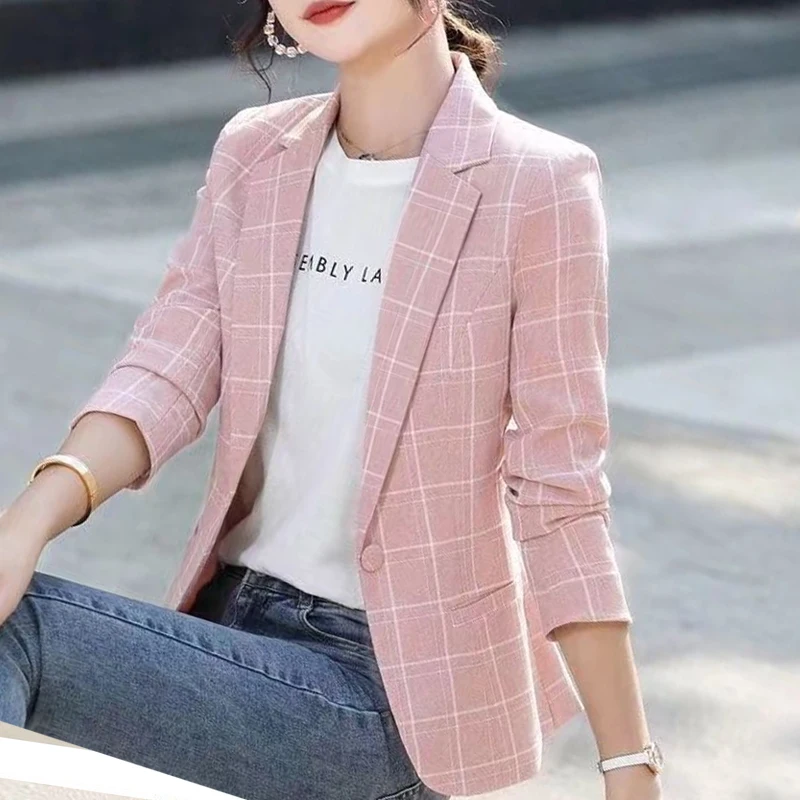 Women's Clothing Button Notched Temperament Simplicity Skinny Office Lady Business Casual Plaid Printing Spring Summer Blazers