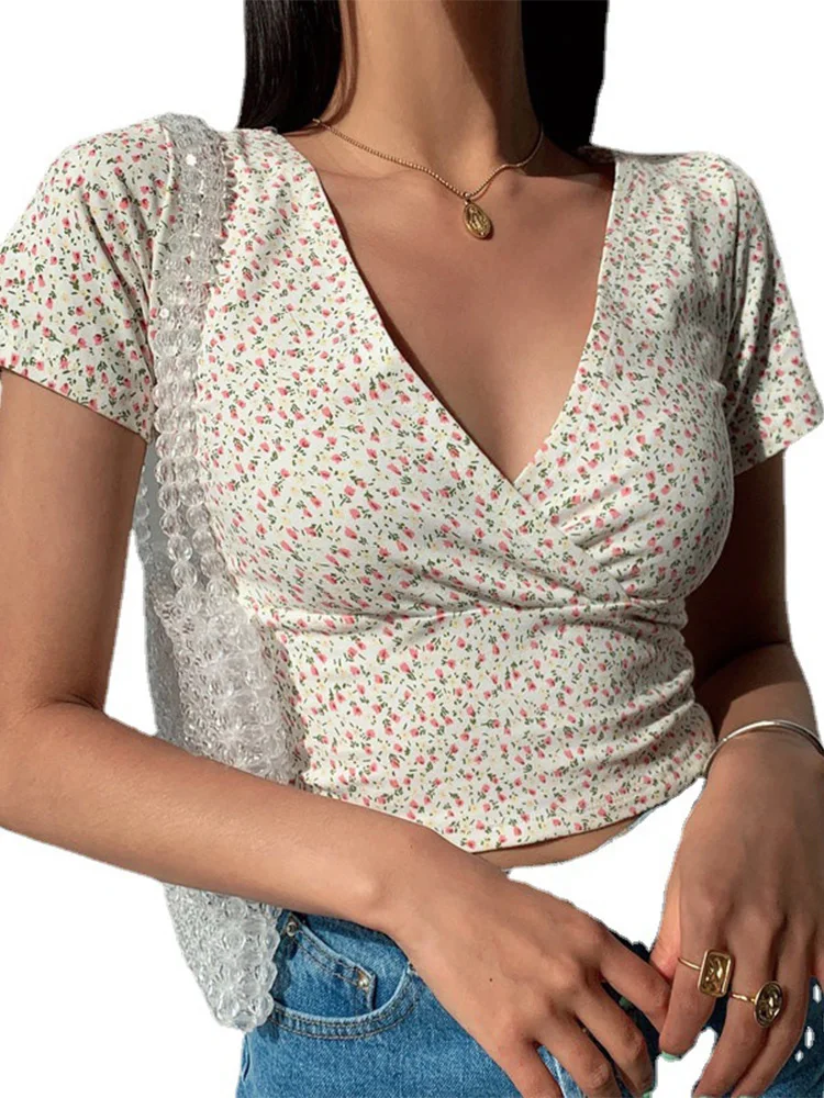 Summer French retro floral V-neck short-sleeved T-shirt Slim slimming wild high waist T-shirt women's top 6