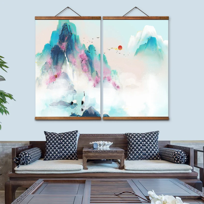 

AS3001 Chinese Style Sunrise Swallows Landscape Living Room Wall Art Canvas Posters Chinese Solid Wood Scroll Paintings