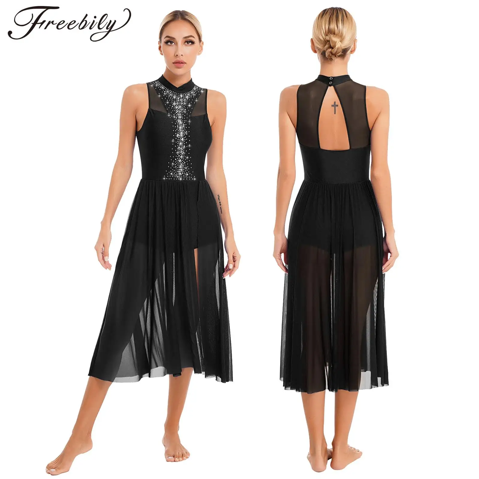 Womens Contemporary Lyrical Dance Dress Sleeveless Shiny Rhinestone Ballet Skating Leotard Dress Stage Performance Dancewear