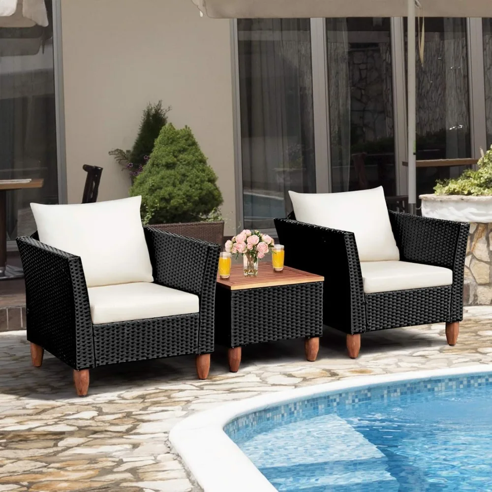 Patio Furniture Set, Patiojoy Outdoor Wicker Rattan Bistro Sofa Set w/Washable Cushion, Acacia Wood Top Coffee Table 2
