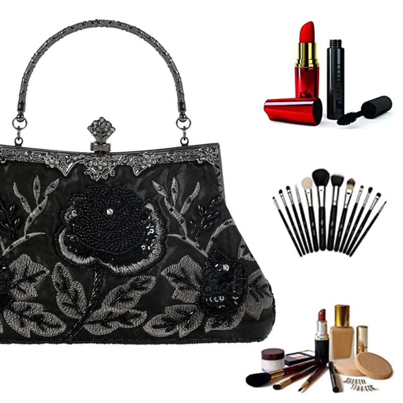 Elegant Frame Women Formal Beaded Evening Purses and Handbags Bridal Sequins Clutch Bag Cocktail