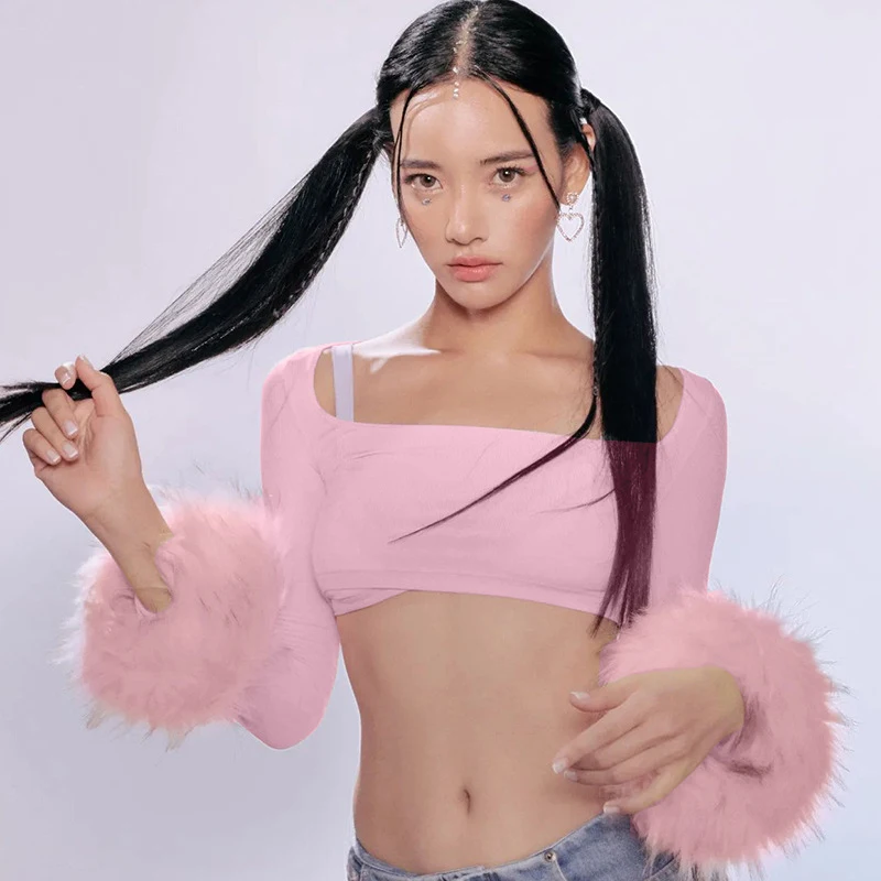 

Short Top Sexy Hot Girl Backless Solid Color Furry Long-sleeved T-shirt Square Collar 2022 Summer New Women's Clothes