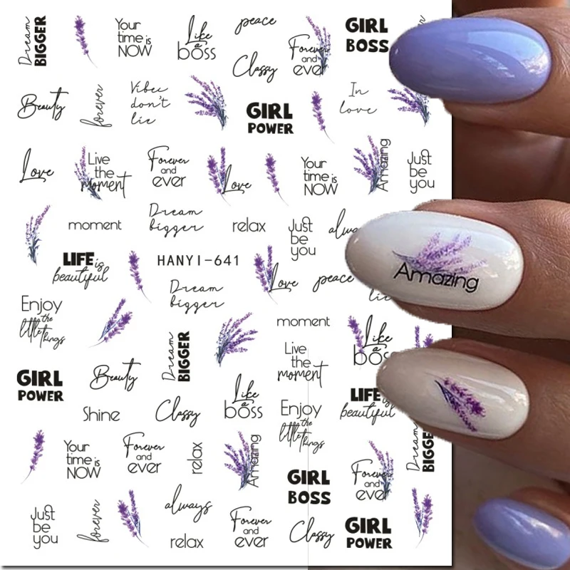 3d Nail Art Decals Purple Florals Lavender Flowers Letters Adhesive Sliders Nail Stickers Tips Manicure