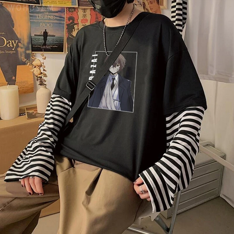 Compre Anime bungo cães vadios roupas de manga longa verão oversized topo  kawaii osamu dazai manga harajuku unisex falso duas peças t camisa