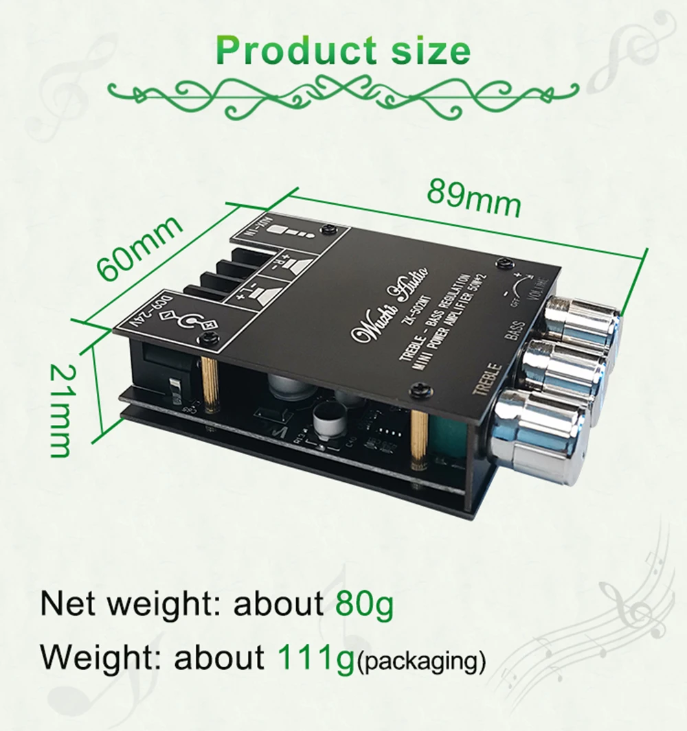 ZK-502MT AUX 블루투스 5.0 서브우퍼 앰프 보드 2.0 채널 50W*2 오디오 스테레오 사운드 앰프 보드 베이스 앰프 보드