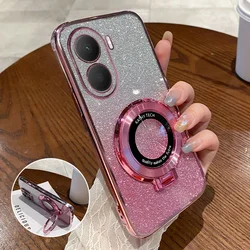 Gradient Glitter TPU Case with Electroplated Magnetic Bracket - Soft Silicone Cover for Redmi Turbo 3 (Pink)
