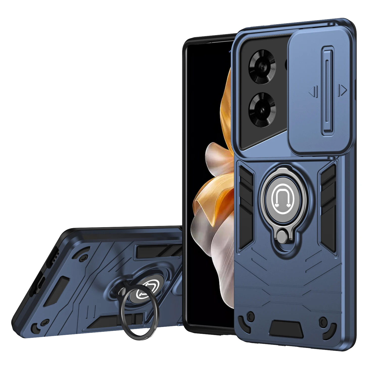 Rugged Armor Shockproof Phone Case with Sliding Window and Metal Ring Holder