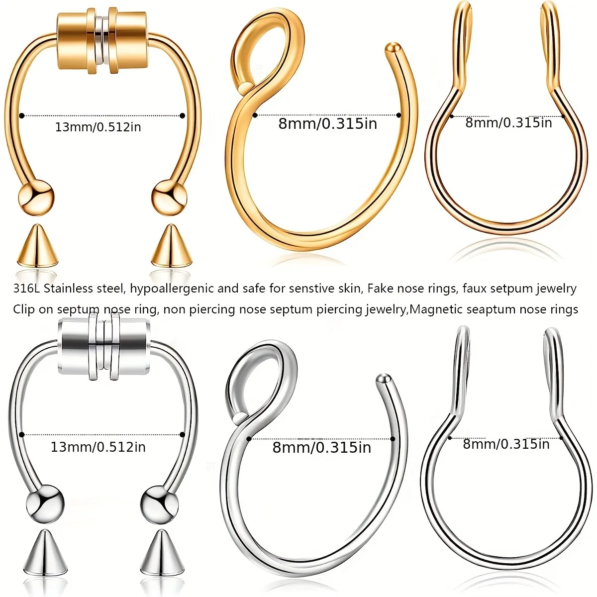 1Pcs/3Pcs Men Stainless Steel Fake Nose Ring Set Fake Nose Septum Ring Magnetic Non-Piercing Cartilage Earring For Woman