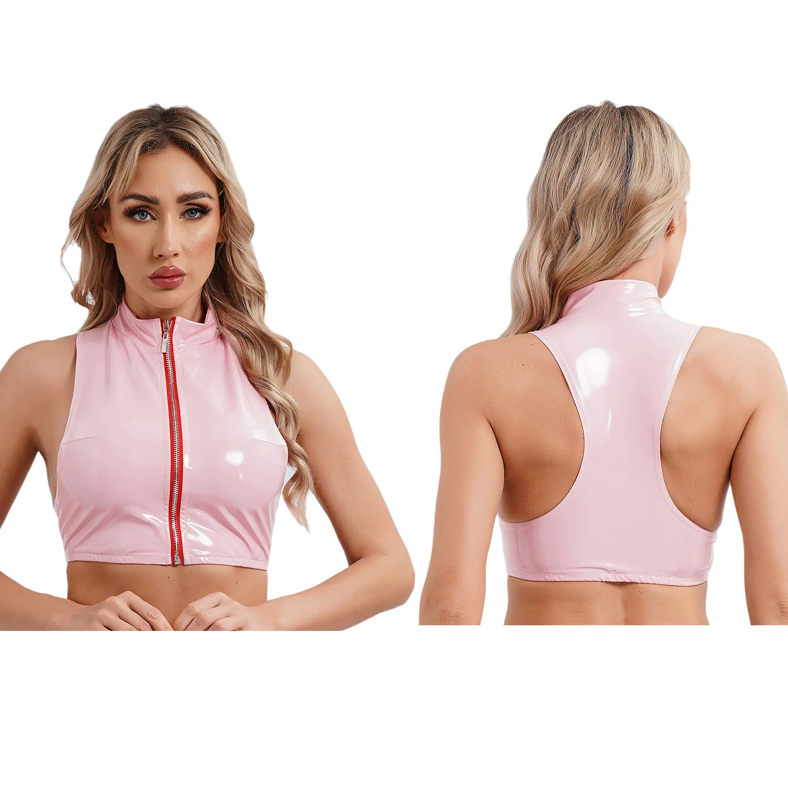 Damen Crop Top Mit Reißverschluss Von IEFiEL - Wetlook Lack/Leder-Optik, Perfekt Für Club & Party